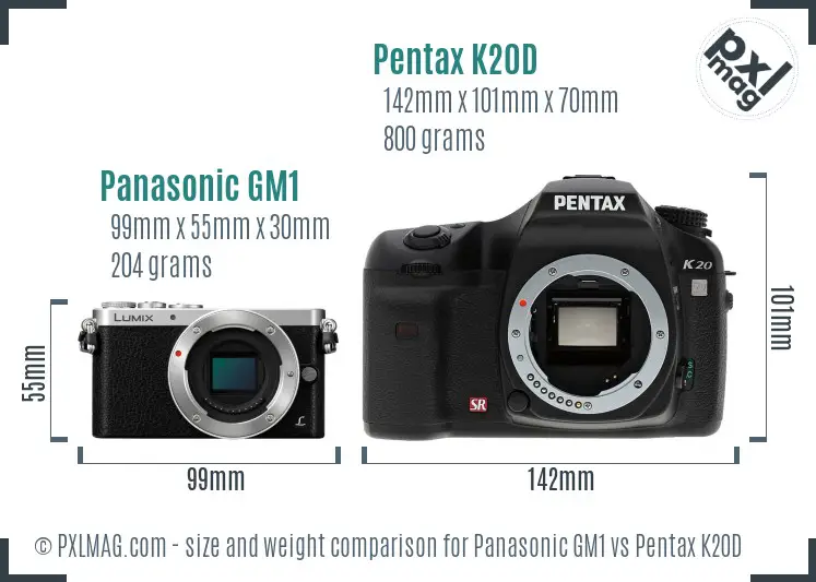 Panasonic GM1 vs Pentax K20D size comparison