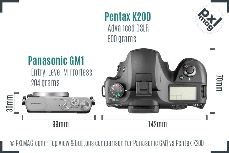 Panasonic GM1 vs Pentax K20D top view buttons comparison