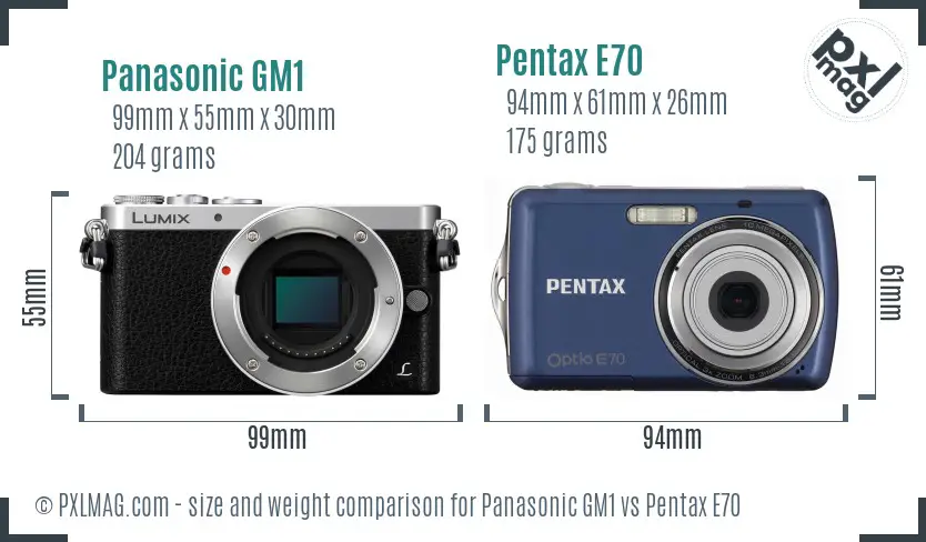 Panasonic GM1 vs Pentax E70 size comparison