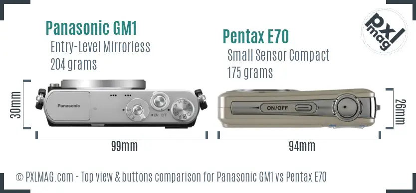 Panasonic GM1 vs Pentax E70 top view buttons comparison