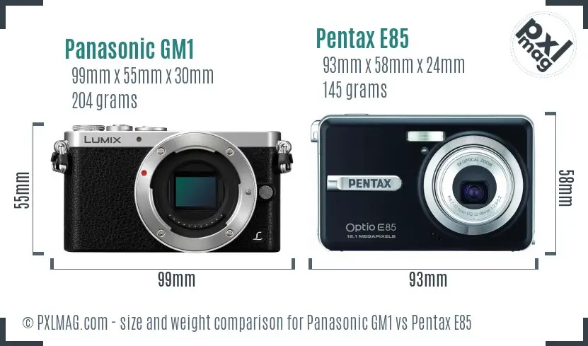 Panasonic GM1 vs Pentax E85 size comparison