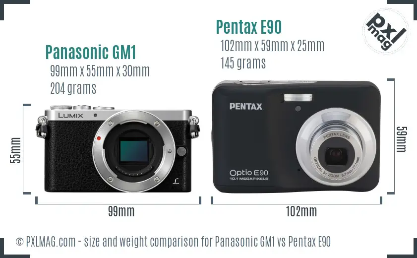 Panasonic GM1 vs Pentax E90 size comparison
