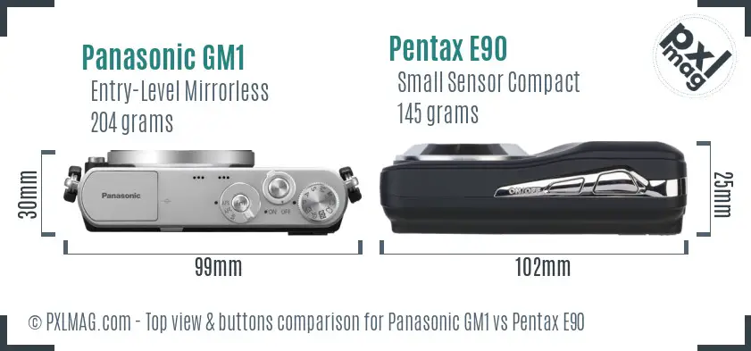 Panasonic GM1 vs Pentax E90 top view buttons comparison
