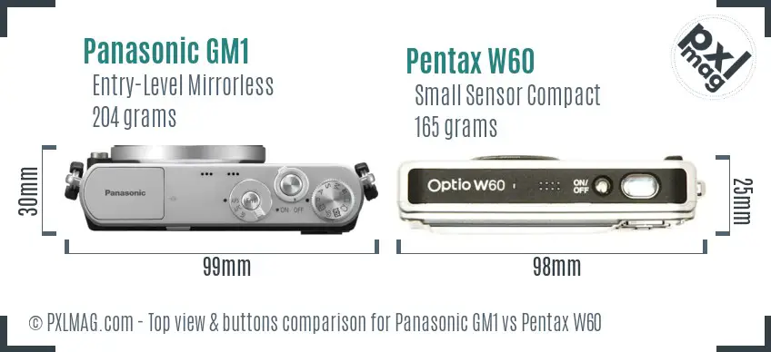 Panasonic GM1 vs Pentax W60 top view buttons comparison