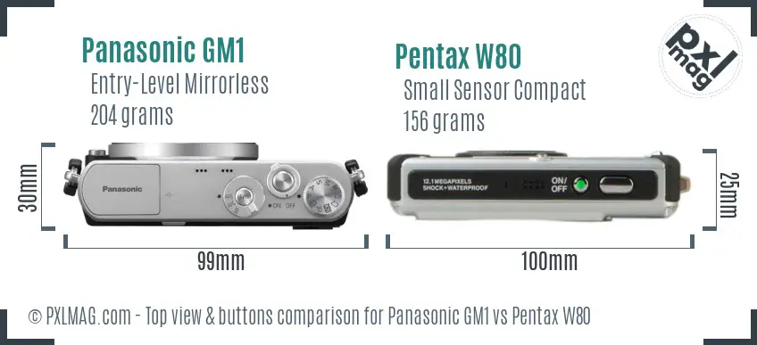 Panasonic GM1 vs Pentax W80 top view buttons comparison