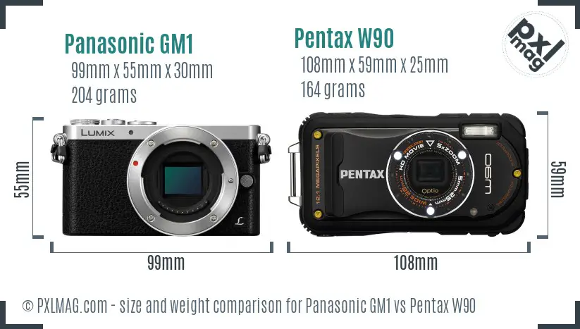 Panasonic GM1 vs Pentax W90 size comparison