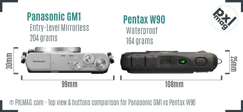 Panasonic GM1 vs Pentax W90 top view buttons comparison
