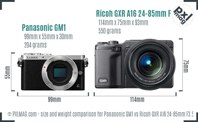 Panasonic GM1 vs Ricoh GXR A16 24-85mm F3.5-5.5 size comparison