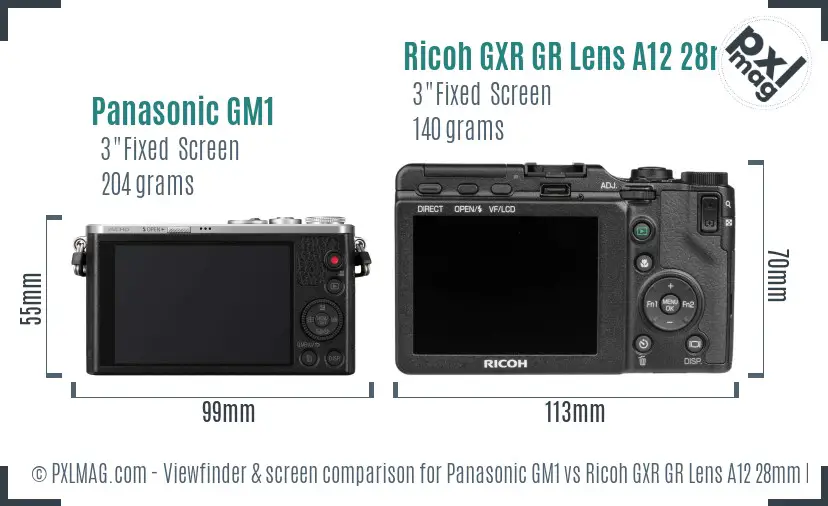 Panasonic GM1 vs Ricoh GXR GR Lens A12 28mm F2.5 Screen and Viewfinder comparison