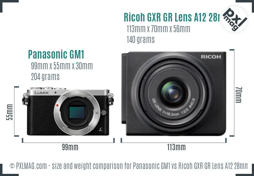 Panasonic GM1 vs Ricoh GXR GR Lens A12 28mm F2.5 size comparison