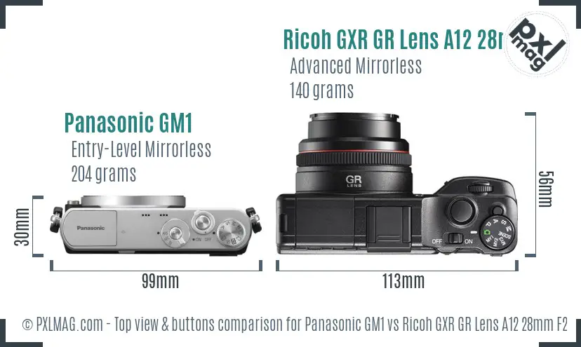 Panasonic GM1 vs Ricoh GXR GR Lens A12 28mm F2.5 top view buttons comparison