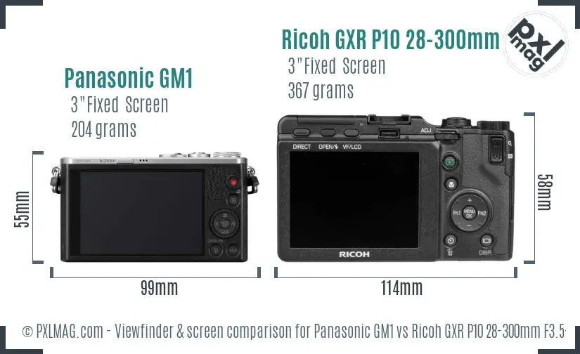 Panasonic GM1 vs Ricoh GXR P10 28-300mm F3.5-5.6 VC Screen and Viewfinder comparison