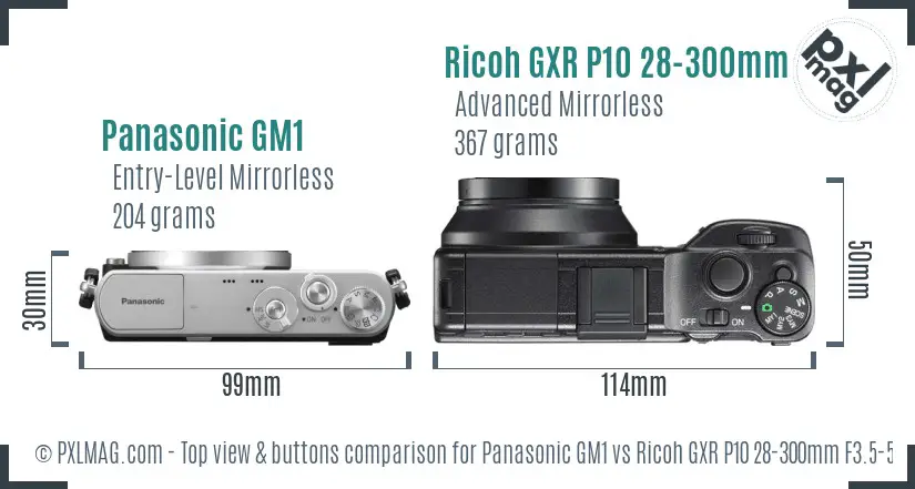 Panasonic GM1 vs Ricoh GXR P10 28-300mm F3.5-5.6 VC top view buttons comparison