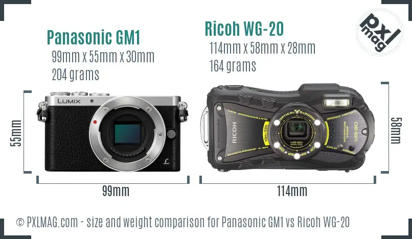 Panasonic GM1 vs Ricoh WG-20 size comparison