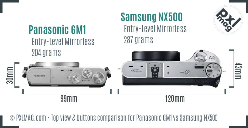 Panasonic GM1 vs Samsung NX500 top view buttons comparison