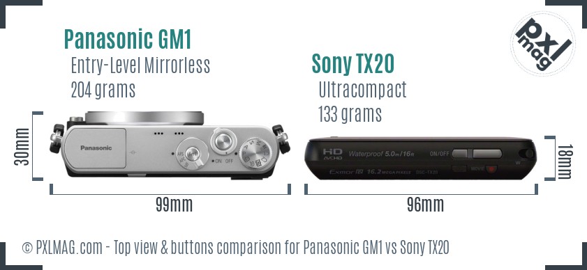 Panasonic GM1 vs Sony TX20 top view buttons comparison