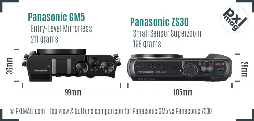 Panasonic GM5 vs Panasonic ZS30 top view buttons comparison