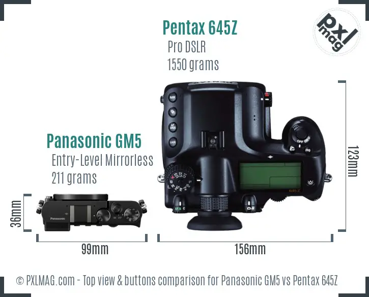 Panasonic GM5 vs Pentax 645Z top view buttons comparison