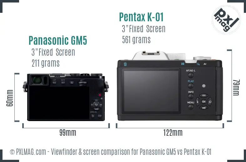 Panasonic GM5 vs Pentax K-01 Screen and Viewfinder comparison