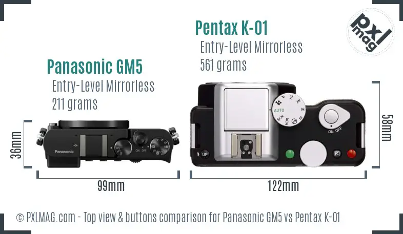 Panasonic GM5 vs Pentax K-01 top view buttons comparison