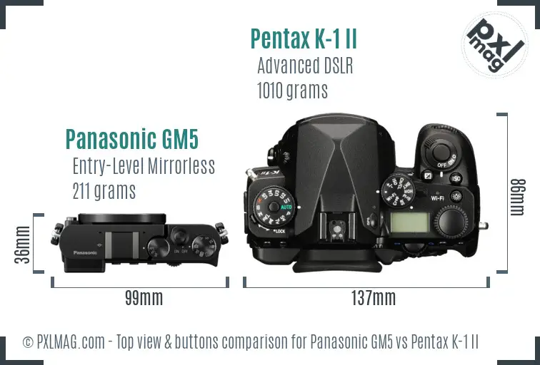 Panasonic GM5 vs Pentax K-1 II top view buttons comparison