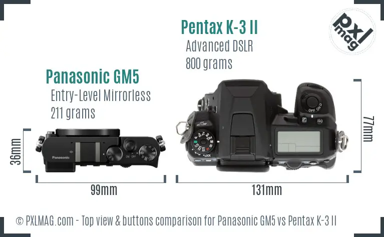 Panasonic GM5 vs Pentax K-3 II top view buttons comparison