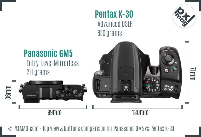 Panasonic GM5 vs Pentax K-30 top view buttons comparison