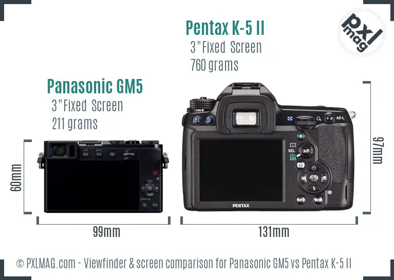 Panasonic GM5 vs Pentax K-5 II Screen and Viewfinder comparison