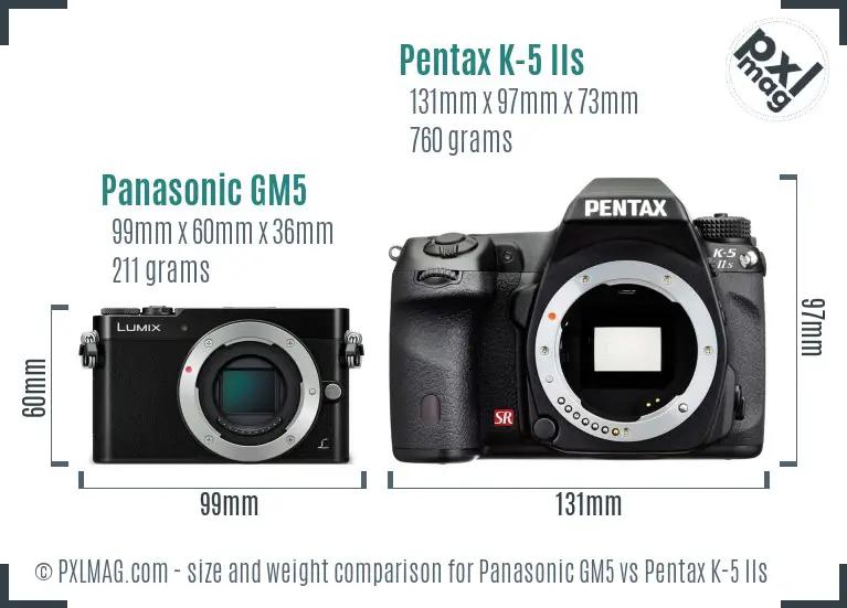Panasonic GM5 vs Pentax K-5 IIs size comparison