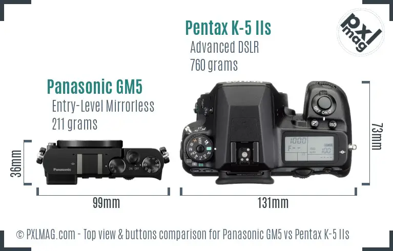 Panasonic GM5 vs Pentax K-5 IIs top view buttons comparison