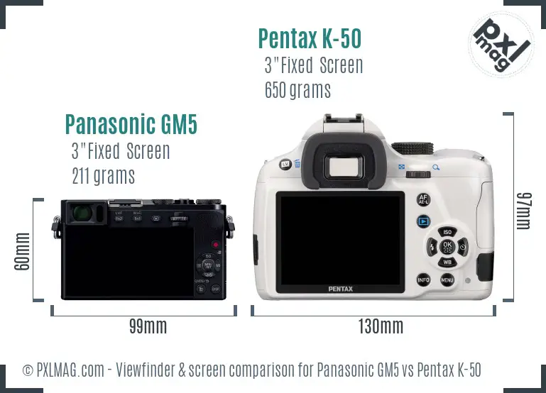 Panasonic GM5 vs Pentax K-50 Screen and Viewfinder comparison