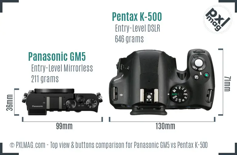 Panasonic GM5 vs Pentax K-500 top view buttons comparison