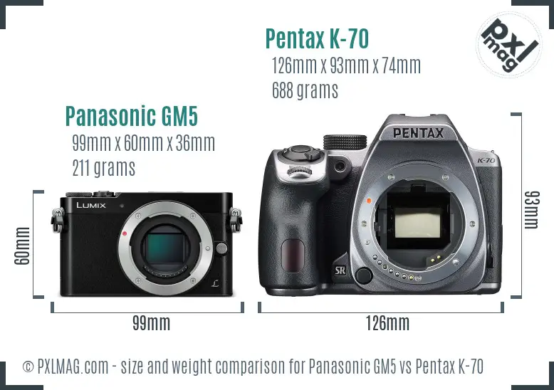 Panasonic GM5 vs Pentax K-70 size comparison