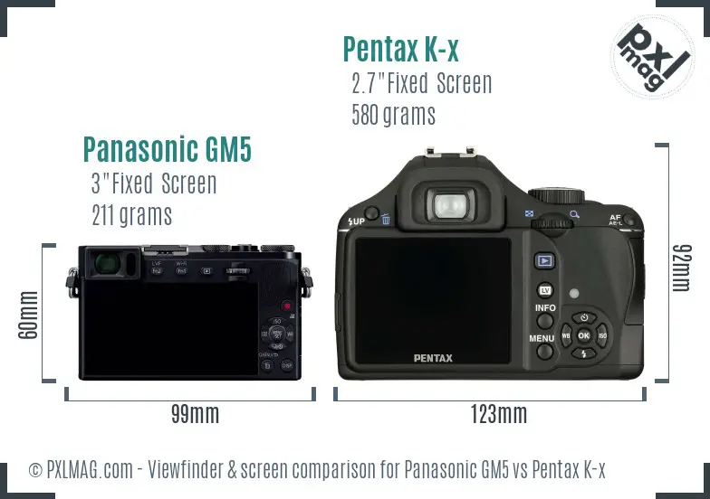 Panasonic GM5 vs Pentax K-x Screen and Viewfinder comparison