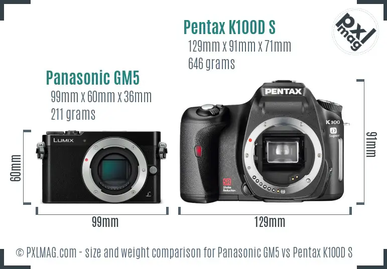 Panasonic GM5 vs Pentax K100D S size comparison