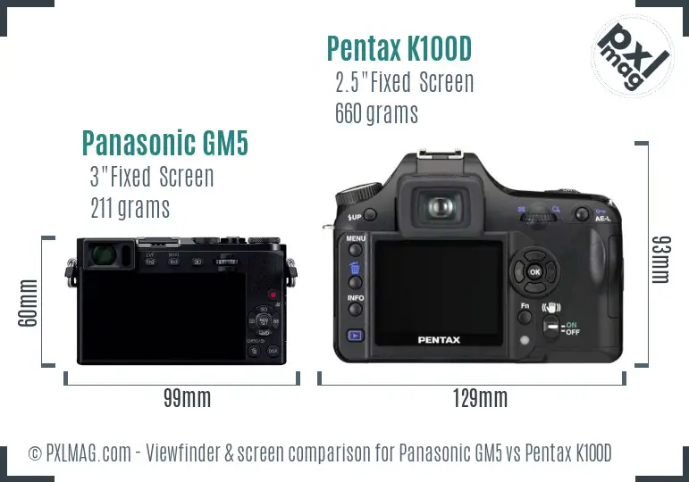 Panasonic GM5 vs Pentax K100D Screen and Viewfinder comparison