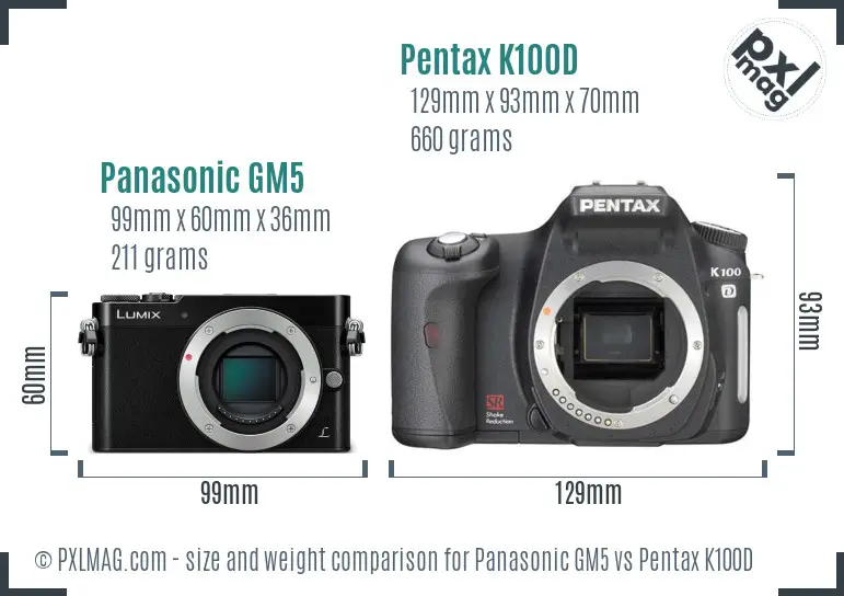 Panasonic GM5 vs Pentax K100D size comparison