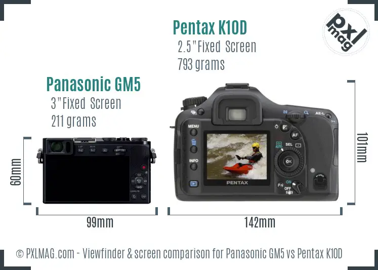 Panasonic GM5 vs Pentax K10D Screen and Viewfinder comparison