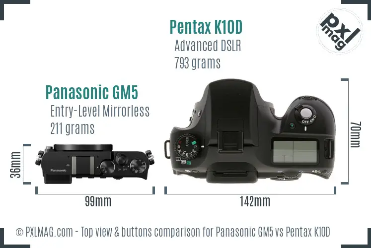 Panasonic GM5 vs Pentax K10D top view buttons comparison