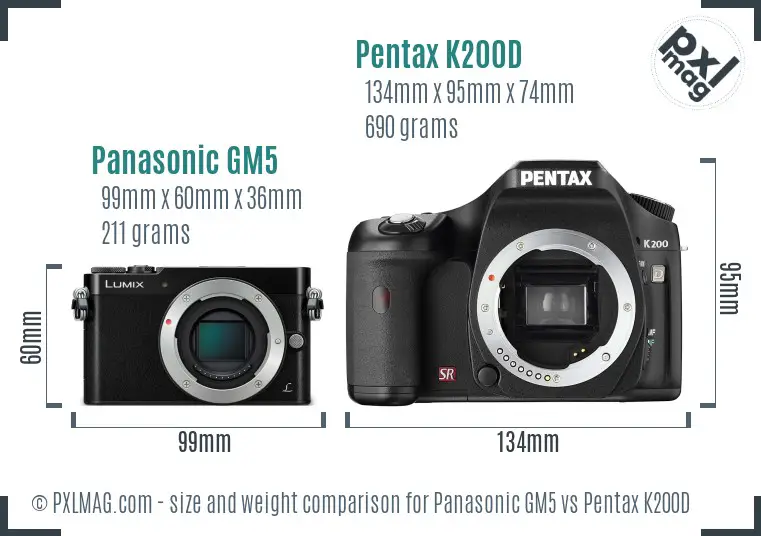 Panasonic GM5 vs Pentax K200D size comparison
