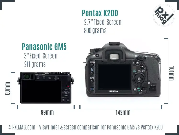 Panasonic GM5 vs Pentax K20D Screen and Viewfinder comparison