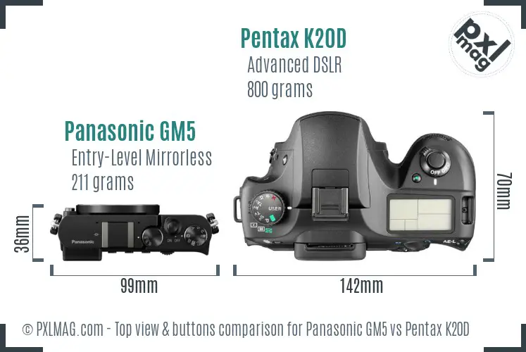 Panasonic GM5 vs Pentax K20D top view buttons comparison