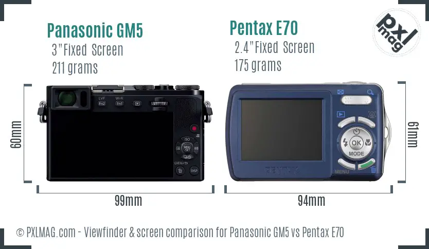 Panasonic GM5 vs Pentax E70 Screen and Viewfinder comparison