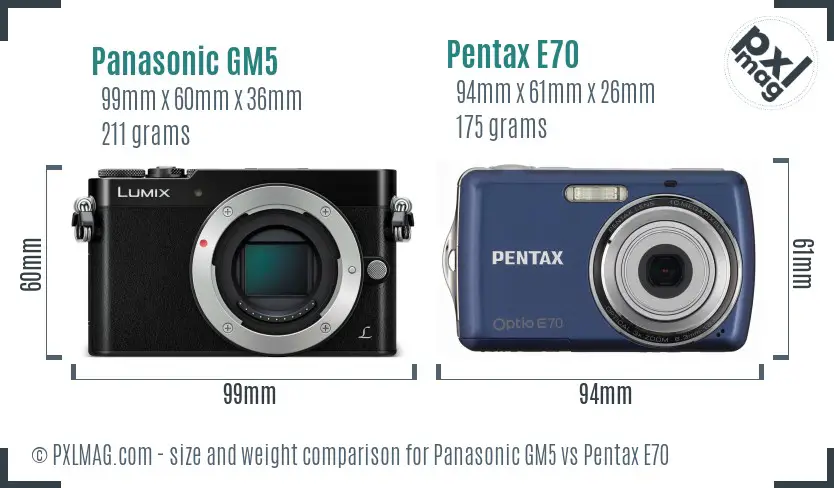 Panasonic GM5 vs Pentax E70 size comparison