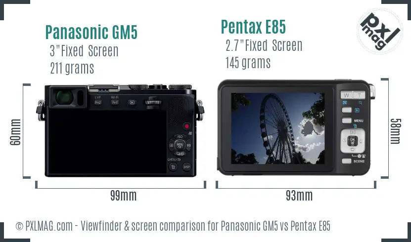 Panasonic GM5 vs Pentax E85 Screen and Viewfinder comparison