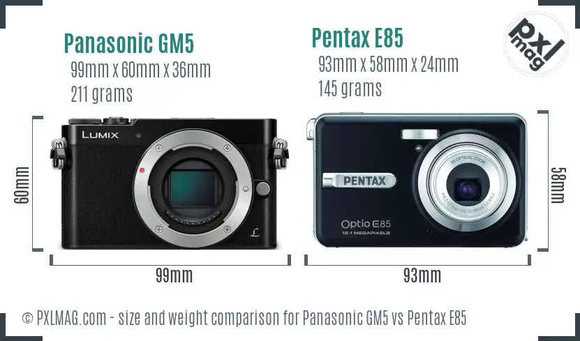 Panasonic GM5 vs Pentax E85 size comparison