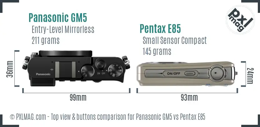 Panasonic GM5 vs Pentax E85 top view buttons comparison