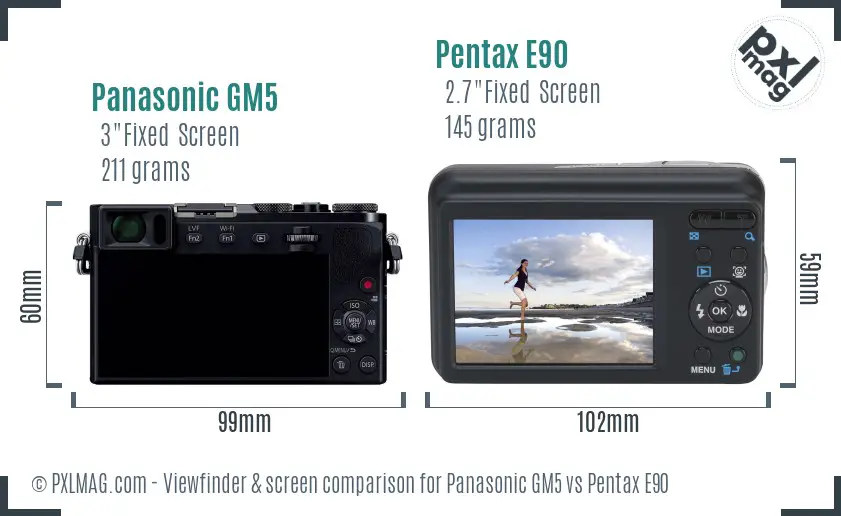 Panasonic GM5 vs Pentax E90 Screen and Viewfinder comparison