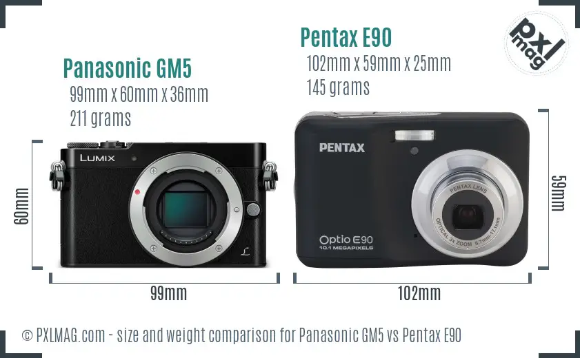 Panasonic GM5 vs Pentax E90 size comparison