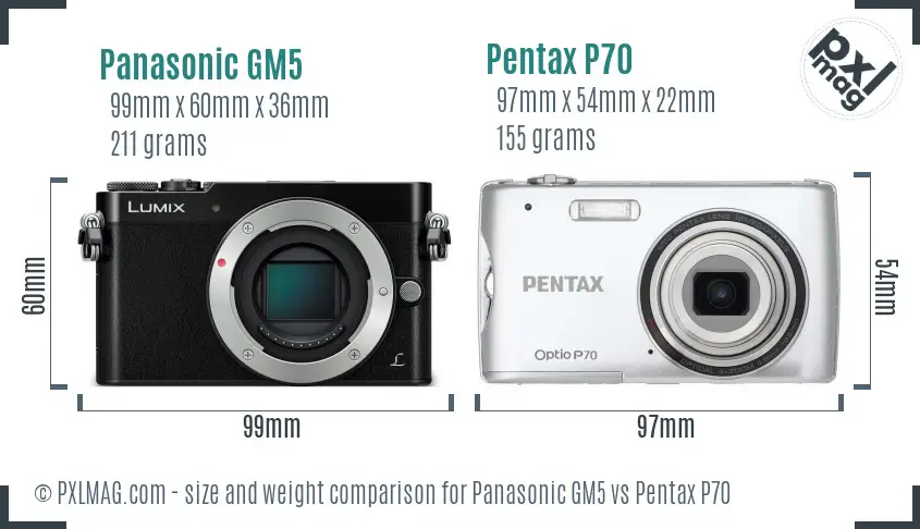Panasonic GM5 vs Pentax P70 size comparison